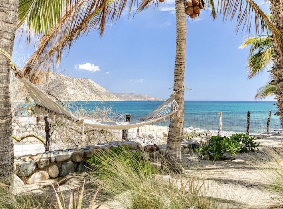 Hammock strung between palm trees in the front yard overlooking the turquoise Sea of Cortez